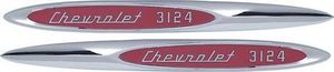 1957 Chevrolet Truck Fender Side Emblems "Chevrolet 3124", Chrome With Red Painted Details (with fasteners), Cameo Photo Main