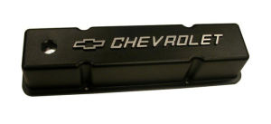 1958-86 SB Chevrolet Aluminum Valve Covers Black w/ Chevrolet Logo - Tall w/ Holes Photo Main