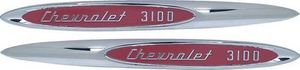 1957 Chevrolet Truck Fender Side Emblems "Chevrolet 3100", Chrome w/ Red Painted Details (with fasteners) Photo Main