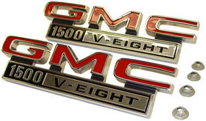 1968-72 GMC Truck "GMC 1500 V-EIGHT" Fender Side Emblems, (w/ fasteners) Photo Main