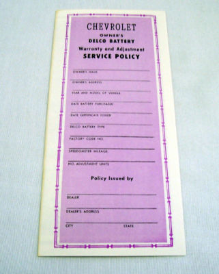 1955-65 Chevrolet Battery warranty certificate Photo Main