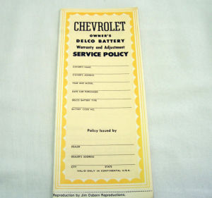 1953-54/1937-54T Chevrolet delco battery warranty / Chevy TK battery warranty certificate Photo Main
