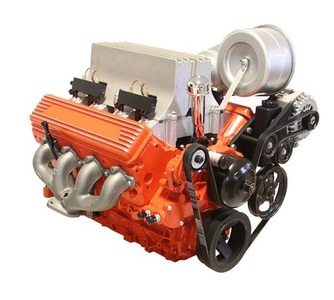 57 Fuelie Crate Engine, LS3 495 HP, Painted Orange w Cast Finish SB Chevy Valve Covers Photo Main