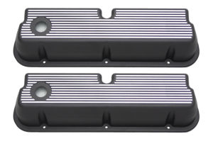 1962-85 SB Ford Die Cast Aluminum Black All Finned Valve Covers - Tall, w/ Holes Photo Main