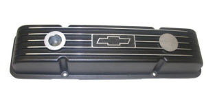 1958-86 SB Chevrolet Aluminum Finned Valve Covers - Short w/ Bowtie Logo, Black Photo Main