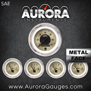 Aurora 5 Gauge Set - SAE American Classic Gold III, Black Modern Needles, Chrome Trim Rings Photo Main